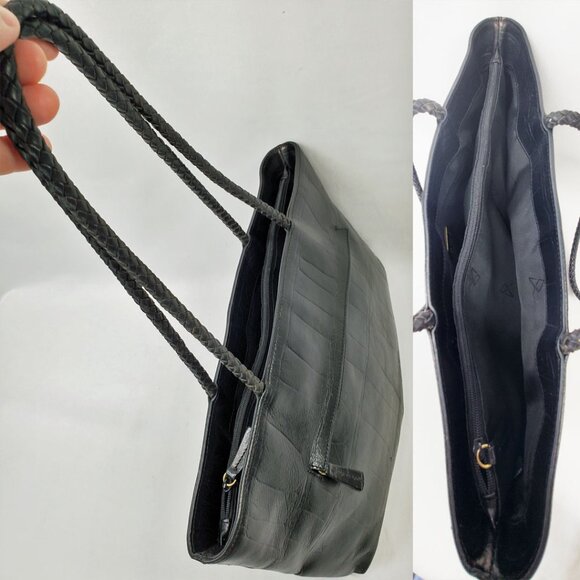 💲⬇️A.Giannetti Black Croc Embossed Leather Shoulder Tote 3 Comp Braided Handles - Picture 6 of 13
